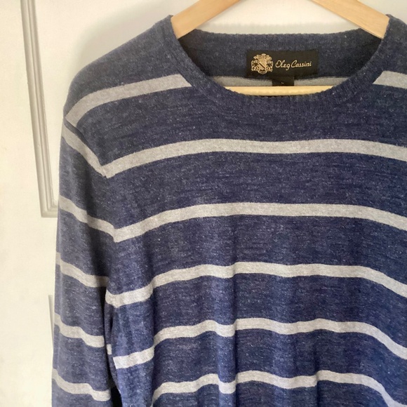 Oleg Cassini Men Sweater M Blue Gray Striped Cashmere Blend Lightweight Pullover - Picture 7 of 14